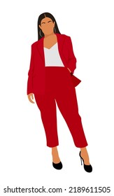 Beautiful curvy business woman wearing red suit and high hells shoes. Young girl with long dark hair. Plus size attractive model. Body positive modern fashion vector illustration.