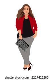 Beautiful curvy girl in smart casual outfit. Pretty business woman in office look with clutch and high heels. Attractive young Lady boss. Vector realistic illustration isolated on white background.