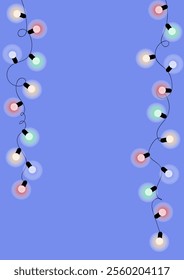Beautiful curvy strings of shining garland lights on vertical background. New year, christmas, birthday or wedding vector template with empty space for text.	
