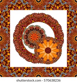 Beautiful cushion with flower - manadalas and ornamental frame. Vector illustration/ wrapping design.