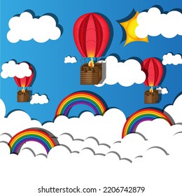 Beautiful cut out paper vector illustration with rainbow, air balloon, white clouds, blue sky and sun with sun rays. Cutout paper greeting card. Picture for children room.