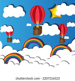 Schöne geschnittene Papier Vektorgrafik mit Regenbogen, Luftballon, weiße Wolken, blauer Himmel und Sonne mit Sonnenstrahlen. Cutout Papier Grußkarte. Bild für Kinderzimmer.