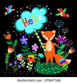 Beautiful cute animal with bubble for text and flowers. Template, greeting card, birthday, Valentines day