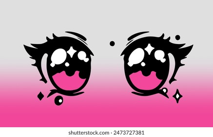 Beautiful cute anime eyes with highlights on a gradient pink background. Cartoon modern print for a t-shirt.