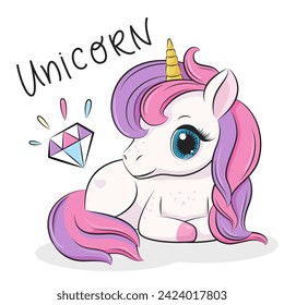 Beautiful cute baby unicorn. Cartoon vector illustration