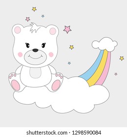 Beautiful cute bear sitting on a cloud and dreams of love. The background is made in the style of pink stars. Vector illustration drawn in flat style. Drawing can be applied to children's t-shirts.