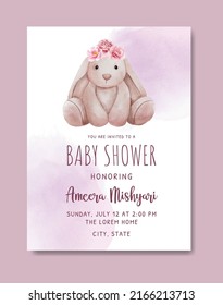 Beautiful cute bunny with flower watercolor baby shower invitation