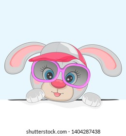Beautiful cute  bunny girl in pink sunglasses and hat. Element for print design, greeting card, poster and t-shirt.
