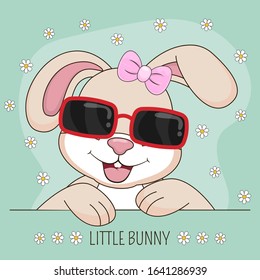 Beautiful cute  bunny girl in pink sunglasses  isolated on a green background. Element for print design, greeting card, poster and t-shirt.