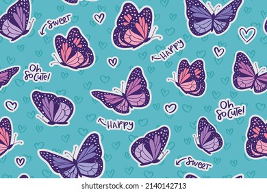 Beautiful cute butterfly cartoon drawings. Kids style design. Seamless pattern repeating texture background. For fashion graphics, textile prints, fabrics.