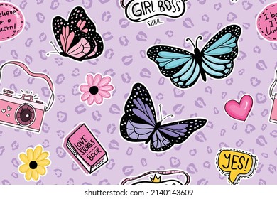 Beautiful cute butterfly cartoon drawings. Kids style doodle sketch design elements. Seamless pattern repeating texture background. For fashion graphics, textile prints, fabrics.