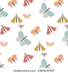 Beautiful cute butterfly cartoon drawings. Kids style doodle sketch design elements. Seamless pattern repeating texture background. For fashion graphics, textile prints, fabrics.