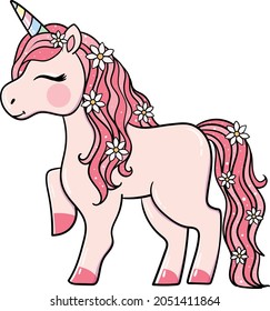 Beautiful cute cartoon baby unicorn with flowers. vector