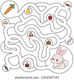 Beautiful cute cartoon logical educational task maze for kids. Rabbit maze and fruits and vegetables. Vector. Isolated from the background.