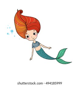 Beautiful cute cartoon mermaid with long hair. Siren. Sea theme.  isolated objects on white background. Vector illustration. 