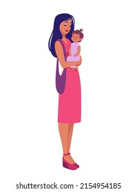 Beautiful and cute cartoon mother with baby. Happy motherhood. Illustration for Mothers Day. Vector illustration. Young and happy woman with child.