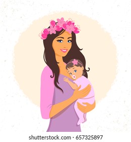 Beautiful and cute cartoon mother with baby. Happy motherhood. Illustration for Mothers Day. Vector illustration. Young and happy woman with child.