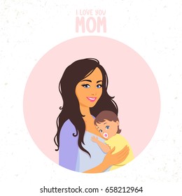 Beautiful and cute cartoon mother with baby. Happy motherhood. Illustration for Mothers Day. Vector illustration. Young and happy woman with child.