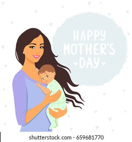 Beautiful and cute cartoon mother with baby. Happy motherhood. Illustration for Mothers Day. Vector illustration. Young and happy woman with child.