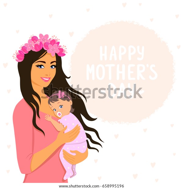 赤ちゃんを産んだ美しくかわいい漫画のお母さん お母さんおめでとう 母の日のイラスト ベクターイラスト 子どもを持つ若くて幸せな女性 のベクター画像素材 ロイヤリティフリー