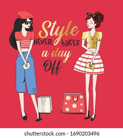 Beautiful cute cartoon summer fashion girls. Vector illustration