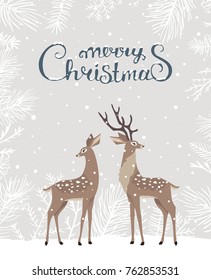 Beautiful and cute cartoon two stylized deer. Cartoon fairy deer. Amazing winter holiday card. Christmas greeting card. Vector illustration