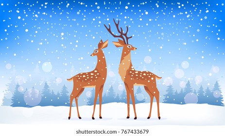 Beautiful and cute cartoon two stylized deer. Cartoon fairy deer. Amazing winter holiday card. Christmas greeting card. Vector illustration