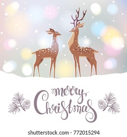 Beautiful and cute cartoon two stylized deer. Amazing winter holiday card. Christmas greeting card. Vector illustration