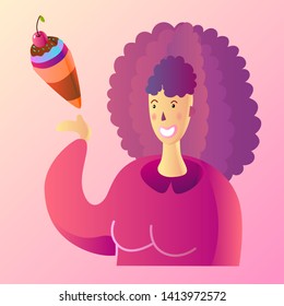 Beautiful cute cartoon young woman pointing in sweet ice cream. Flat trendy colorful vector illustration. Girl enjoying summer dessert. Advertising template