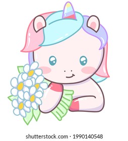 beautiful cute childish drawing unicorn with flowers. Vector. Isolated from the background
