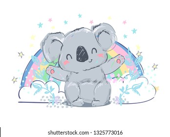 Beautiful Cute childish illustration koala and rainbow. Children print on t-shirt.