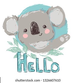Beautiful Cute childish illustration koala and green leaves, print design animal, children print on t-shirt.