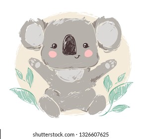 Beautiful Cute childish illustration koala and green leaves, print design animal, children print on t-shirt.