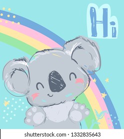 Beautiful Cute childish illustration koala and rainbow. Children print on t-shirt.