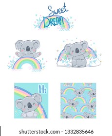 Beautiful Cute childish illustration koala and rainbow. Set design print. Children print on t-shirt.