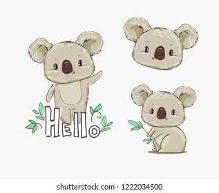 Beautiful Cute childish print Set with koala. Sketch Hand Drawn Animal koala textile design Vector illustration.