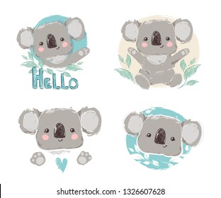 Beautiful Cute childish print Set with koala. Sketch Hand Drawn Animal koala textile design Vector illustration.