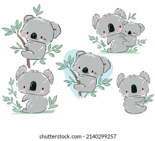 Beautiful Cute childish print Set with koala. Sketch Hand Drawn Animal koala textile design Vector illustration.