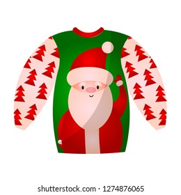 Beautiful cute christmas sweater with festive decorations. Knitted winter sweater.