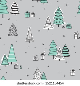 Beautiful and cute christmas trees seamless pattern, hand drawn and decorated trees - great for textiles, banners, wallpapers, cards - vector surface design