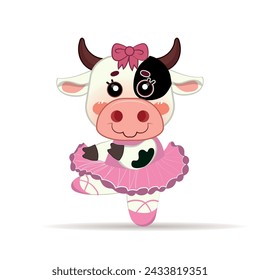 beautiful cute cow in ballerina clothes, illustration of a childish character on a white background.