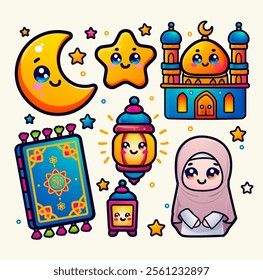 Beautiful cute doodle art cartoon ramadan kareem elements collection set