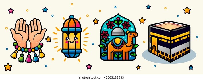 Beautiful cute doodle art cartoon ramadan kareem elements collection set, kaaba, camel, mosque, islamic lanttern