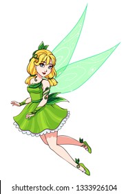 Beautiful cute fairy with blonde pigtails wearing green dress. Hand drawn vector illustration. Isolated on white background.  