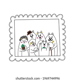 Beautiful cute family portrait of cats. Ancient family photo shoot. Illustration with animals for children's book, coloring, poster. Comic cats grimace at camera. Father is angry. Son is brawling.