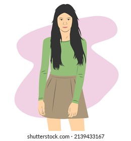 Beautiful and cute female character wearing t-shirt and mini skirt. Flat cartoon vector illustration