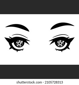 beautiful cute female eyes in cartoon style with pentagram pupil