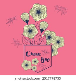 Beautiful cute flowers drawing , Vector illustration design ,queen bee 