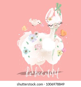 Beautiful and cute fluffy llama, alpaca with flowers, butterflies and bird. Beautiful llama baby animal princess or queen