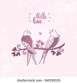 Beautiful cute and funny two swallow sitting on a branch. Valentines Day card. Vector illustration